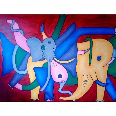 An art painting depicting a fierce elephant... Gloria Newlife draws her inspiration from nature and all her art pieces are handmade using acrylics on canvas.